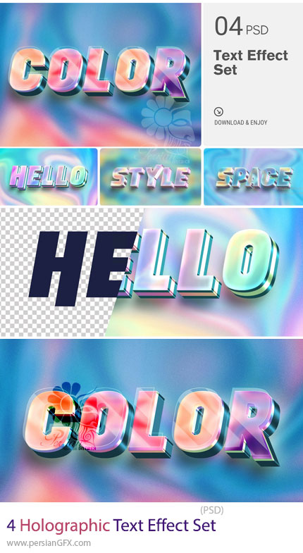 دانلود افکت لایه باز هولوگرافیک براق برای متن - Holographic Text Effect Set