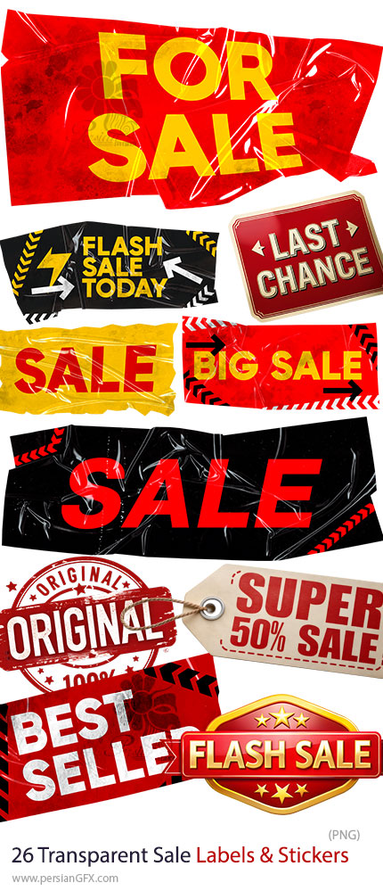 دانلود 26 لیبل و استیکر تخفیف و فروش با پس‌زمینه شفاف - Transparent Sale Labels & Stickers