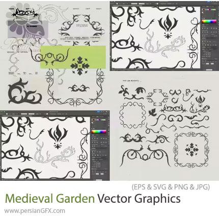 دانلود پک وکتور تزئینی المان های گرافیکی کلاسیک و تاریخی - Medieval Garden Vector Graphics