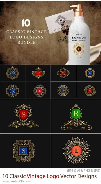 دانلود پک 10 طرح وکتور لوگوی کلاسیک و وینتیج - Classic Vintage Logo Vector Designs Bundle