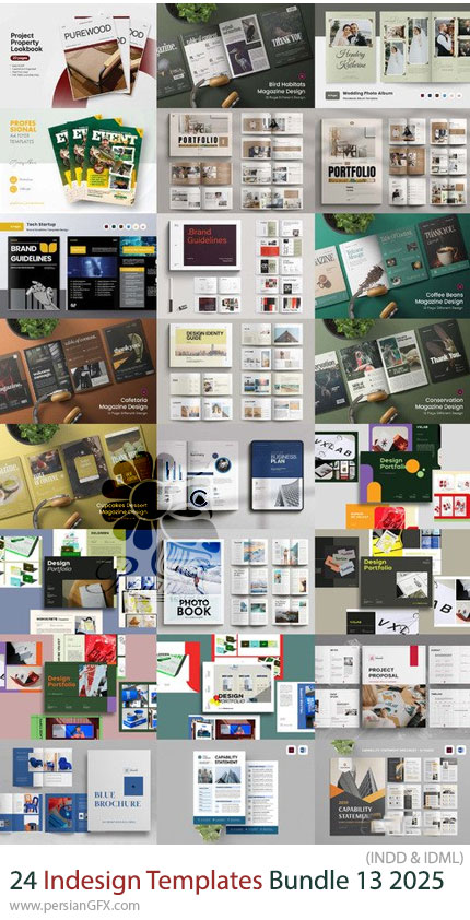 دانلود پک 24 قالب ایندیزاین بروشور، مجله، فاکتور، کاتالوگ و ... برای طراحان گرافیک - Indesign Templates Bundle 13 2025