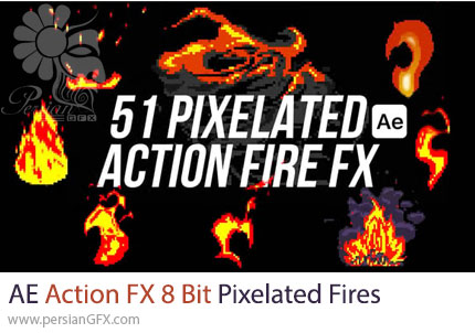دانلود پروژه افترافکت جلوه های ویژه آتش پیکسلی 8 بیتی - Action FX 8 Bit Pixelated Fires