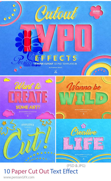 دانلود 10 قالب لایه باز افکت متن برش کاغذی فتوشاپ - Paper Cut Out 10 Templates