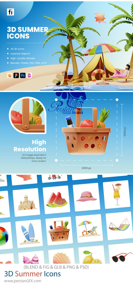 دانلود 30 آیکون سه‌بعدی المان های تابستانی برای بلندر و فتوشاپ - 3D Summer Icons