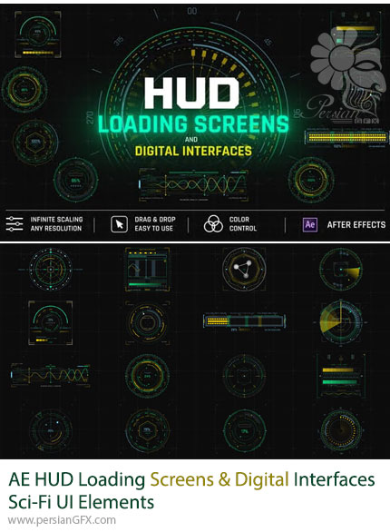 دانلود پروژه افترافکت عناصر HUD برای نمایش صفحات لودینگ و رابطهای دیجیتال مدرن + آموزش - HUD Loading Screens And Digital Interfaces Sci-Fi UI Elements