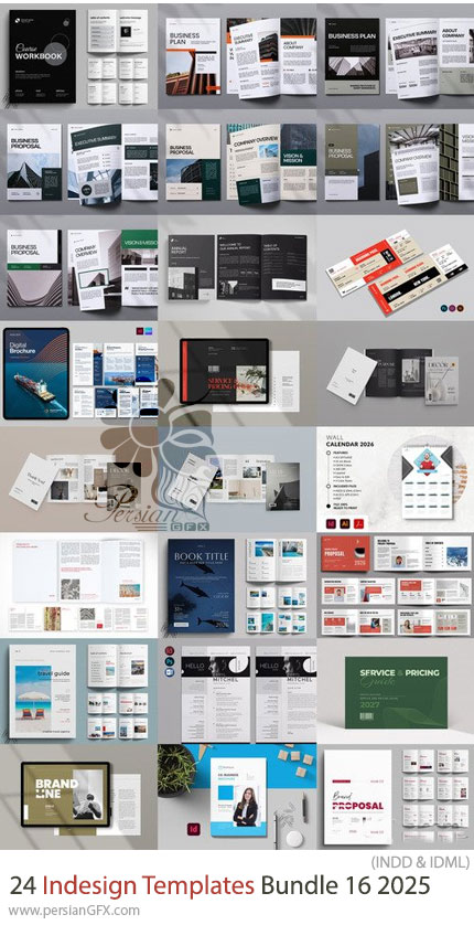 دانلود پک 24 قالب ایندیزاین بروشور، مجله، فاکتور، کاتالوگ و ... برای طراحان گرافیک - Indesign Templates Bundle 16 2025