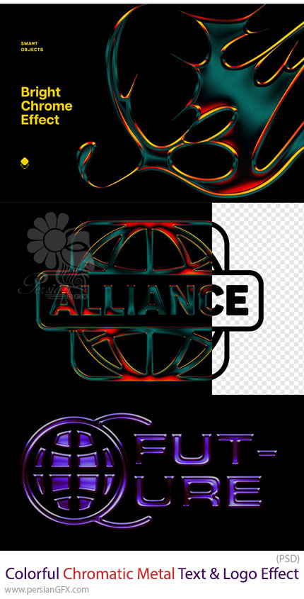 دانلود افکت لایه باز فلزی کروماتیک رنگارنگ برای متن و لوگو - Colorful Chromatic Metal Text & Logo Effect