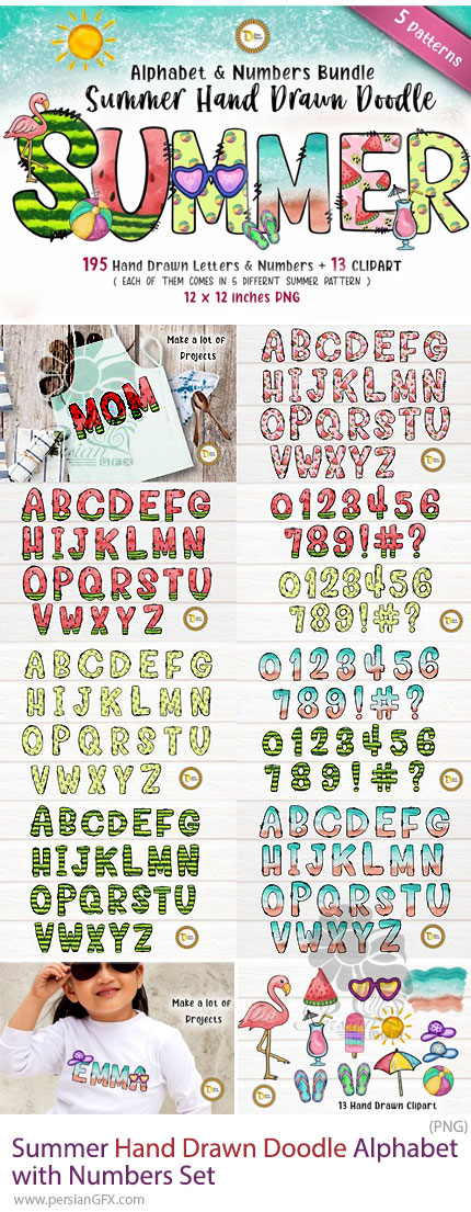 دانلود مجموعه حروف و المان های فانتزی تابستانی - Summer Hand Drawn Doodle Alphabet With Numbers Set