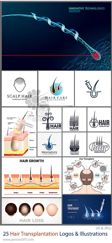 دانلود مجموعه 25 وکتور لوگو و تصویرسازی کاشت مو - Hair Transplantation Logos & Illustrations