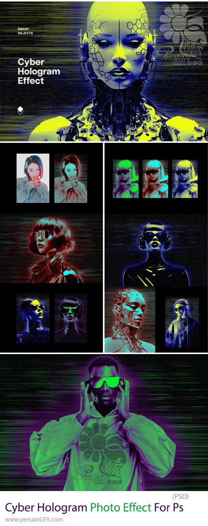 دانلود قالب لایه باز ایجاد افکت هولوگرام سایبری بر روی تصاویر - Cyber Hologram Photo Effect For Photoshop