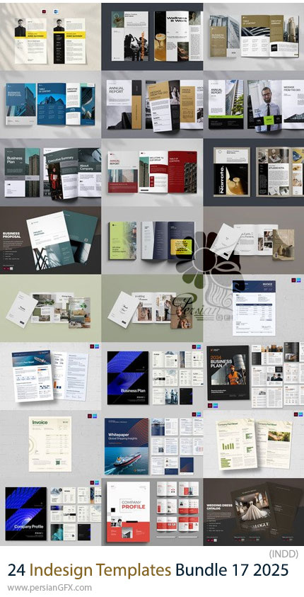 دانلود پک 24 قالب ایندیزاین بروشور، مجله، فاکتور، کاتالوگ و ... برای طراحان گرافیک - Indesign Templates Bundle 17 2025