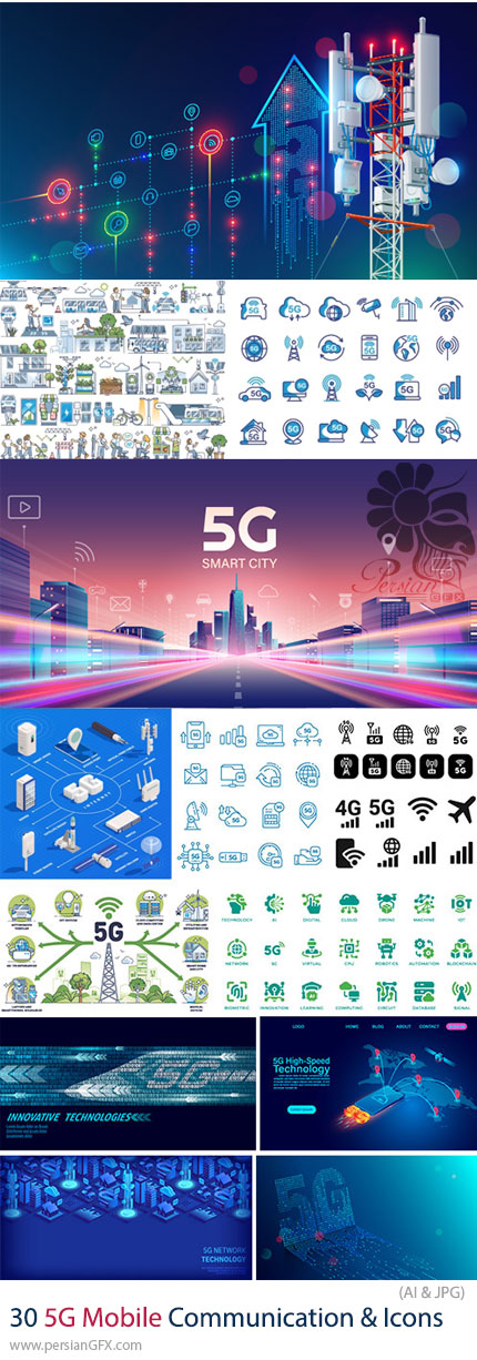 دانلود 30 قالب وکتور و آیکون ارتباطات موبایل 5G برای طراحی دیجیتال - 5G Mobile Communication Templates & Icons Vector