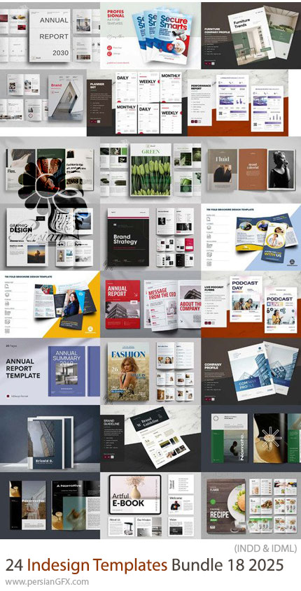 دانلود پک 24 قالب ایندیزاین بروشور، مجله، فاکتور، کاتالوگ و ... برای طراحان گرافیک - Indesign Templates Bundle 18 2025