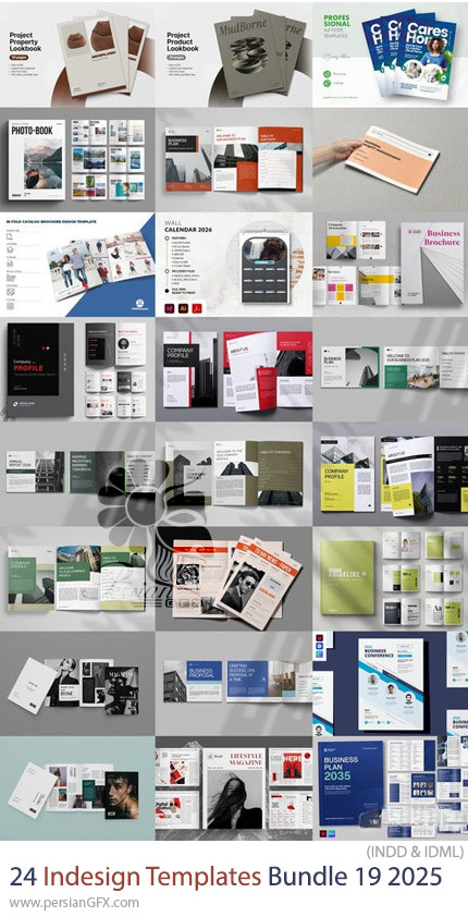 دانلود پک 24 قالب ایندیزاین بروشور، مجله، فاکتور، کاتالوگ و ... برای طراحان گرافیک - Indesign Templates Bundle 19 2025