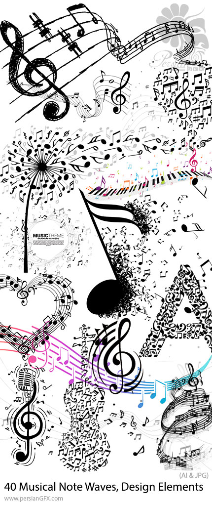 دانلود 40 وکتور امواج نت موسیقی و المانهای طراحی - Musical Note Waves, Design Elements