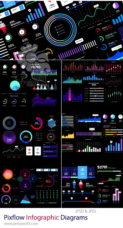 دانلود 50 قالب لایه باز المانهای اینفوگرافیکی برای فتوشاپ - Infographic Diagrams