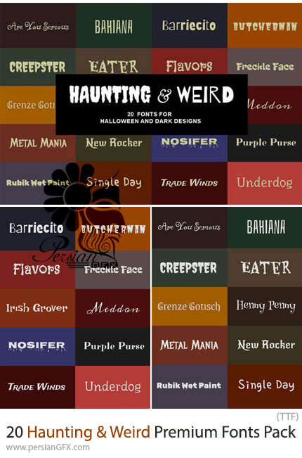 دانلود مجموعه 20 فونت انگلیسی ترسناک و عجیب حرفه‌ای - Haunting & Weird Premium Fonts Pack