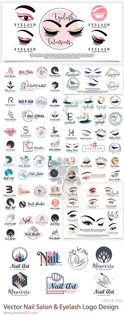 دانلود مجموعه وکتور لوگوی سالن زیبایی و خدمات مژه و ناخن - Nail Salon & Eyelash Logo Design