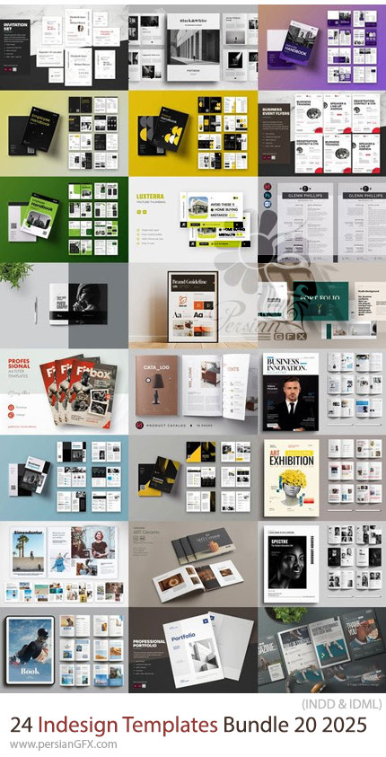 دانلود پک 24 قالب ایندیزاین بروشور، مجله، فاکتور، کاتالوگ و ... برای طراحان گرافیک - Indesign Templates Bundle 20 2025