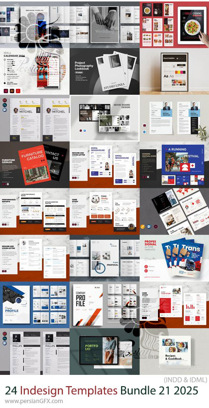 دانلود پک 24 قالب ایندیزاین بروشور، مجله، فاکتور، کاتالوگ و ... برای طراحان گرافیک - Indesign Templates Bundle 21 2025