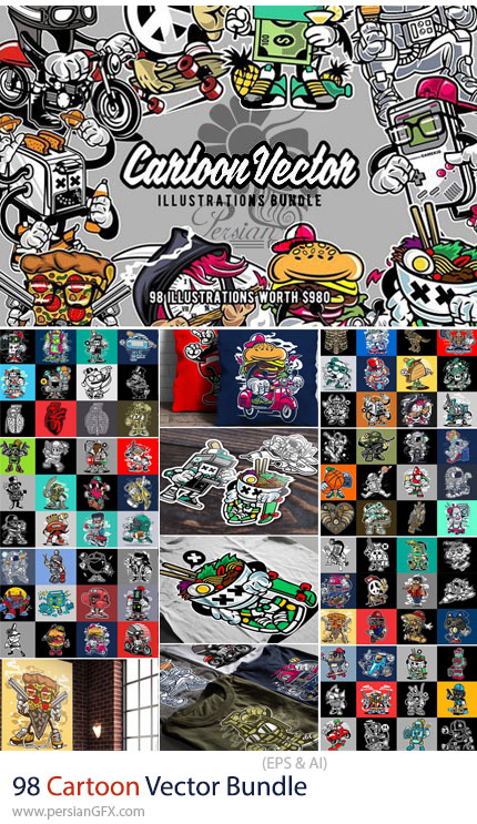 دانلود مجموعه 98 کاراکتر کارتونی وکتور برای ایلوستریتور - Cartoon Vector Bundle