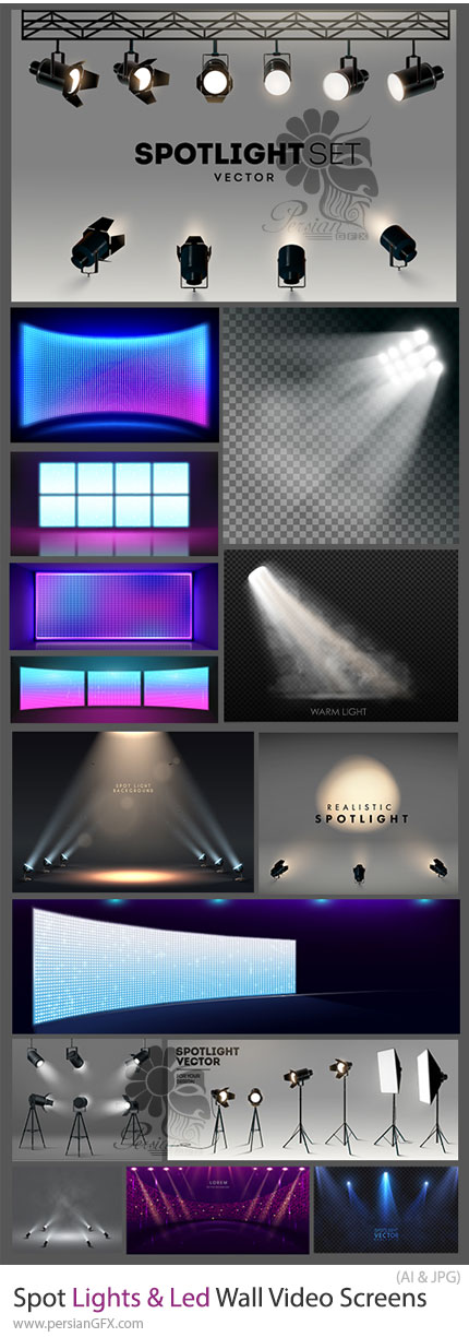 دانلود 31 وکتور چراغهای صحنه و صفحهنمایش LED برای طراحی - Spot Lights & Led Wall Video Screens