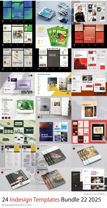 دانلود پک 24 قالب ایندیزاین بروشور، مجله، فاکتور، کاتالوگ و ... برای طراحان گرافیک - Indesign Templates Bundle 22 2025