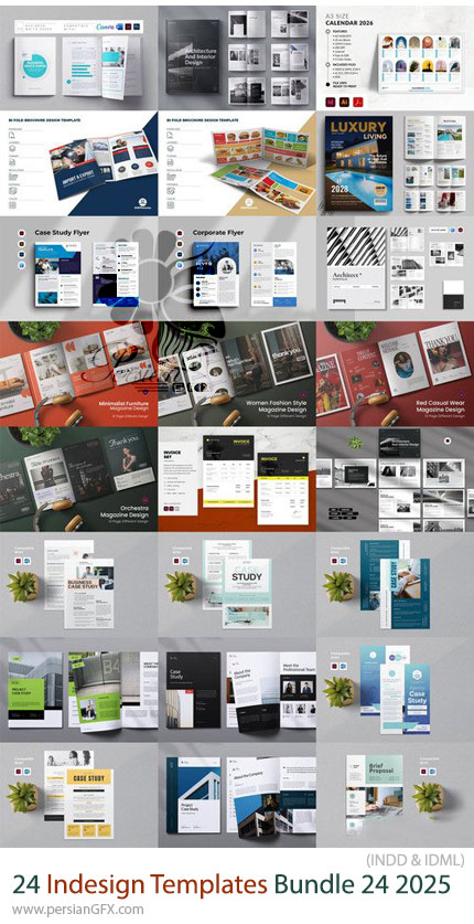 دانلود پک 24 قالب ایندیزاین بروشور، مجله، فاکتور، کاتالوگ و ... برای طراحان گرافیک - Indesign Templates Bundle 24 2025