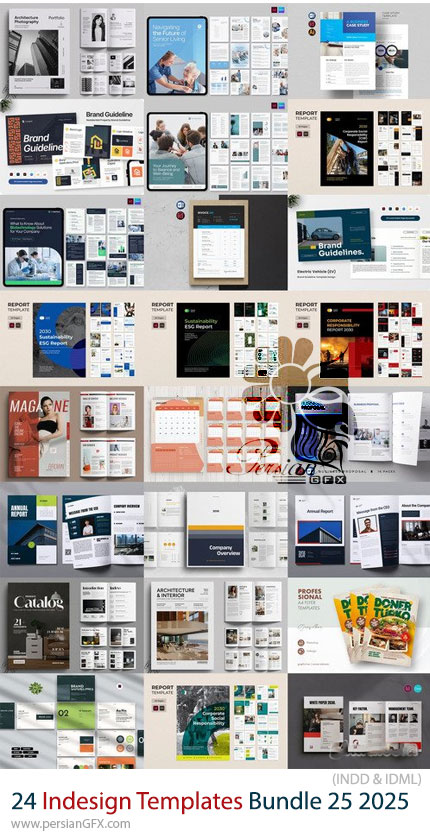 دانلود پک 24 قالب ایندیزاین بروشور، مجله، فاکتور، کاتالوگ و ... برای طراحان گرافیک - Indesign Templates Bundle 25 2025