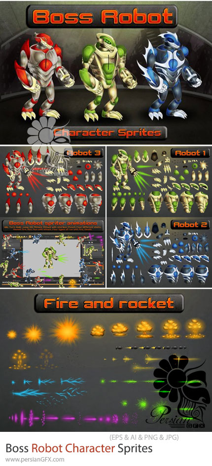 دانلود مجموعه اسپریت کاراکتر ربات باس برای بازی‌های دوبعدی - Boss Robot Character Sprites