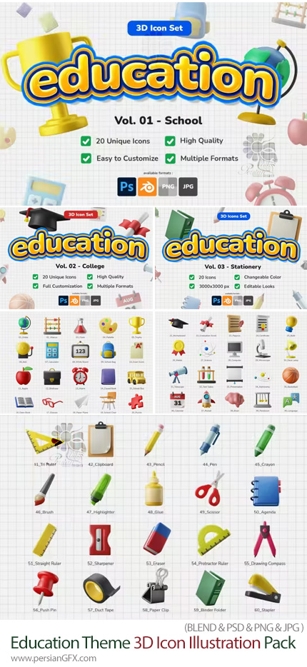 دانلود مجموعه آیکون‌های سه‌بعدی لوازم‌التحریر مدرسه و دانشگاه برای فتوشاپ و بلندر - Education Theme 3D Icon Illustration