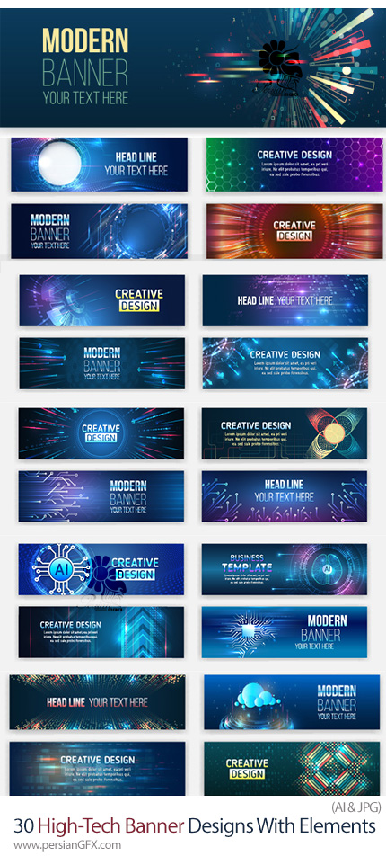 دانلود 30 وکتور بنر طرح بنر هایتک با المانهای مدرن - High-Tech Banner Designs With Elements