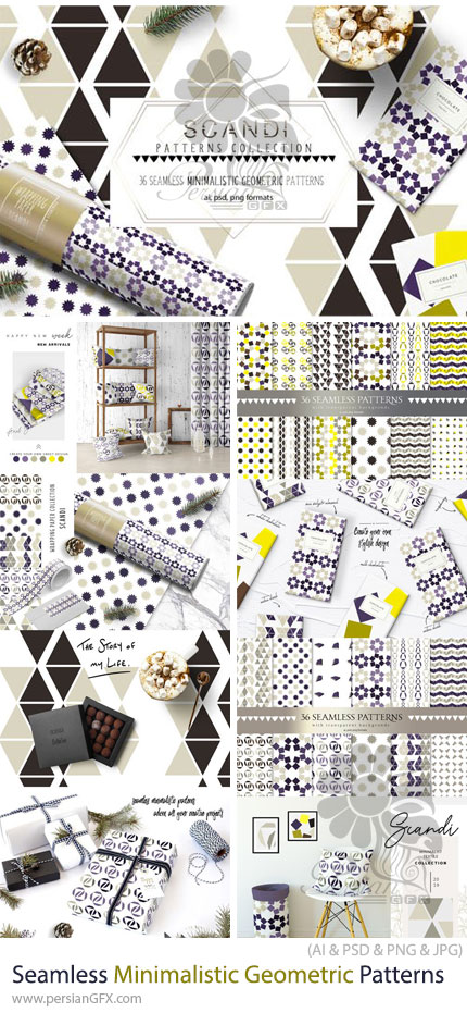 دانلود مجموعه 36 پترن هندسی مینیمال و یکپارچه برای ایلوستریتور و فتوشاپ - Seamless Minimalistic Geometric Patterns