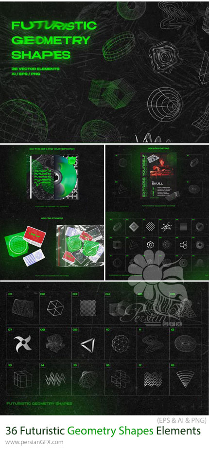 دانلود مجموعه 36 المان وکتور اشکال هندسی آیندهنگر - Futuristic Geometry Shapes 36 Vector Elements