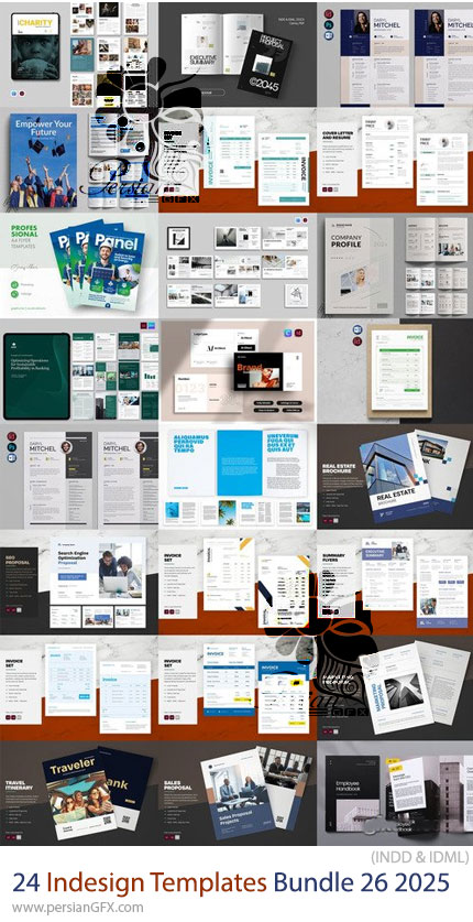 دانلود پک 24 قالب ایندیزاین بروشور، مجله، فاکتور، کاتالوگ و ... برای طراحان گرافیک - Indesign Templates Bundle 26 2025