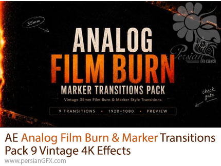 دانلود پروژه افترافکت پک ترانزیشنهای فیلم آنالوگ و استایل وینتیج + آموزش - Analog Film Burn & Marker Transitions Pack 9 Vintage 4K Effects
