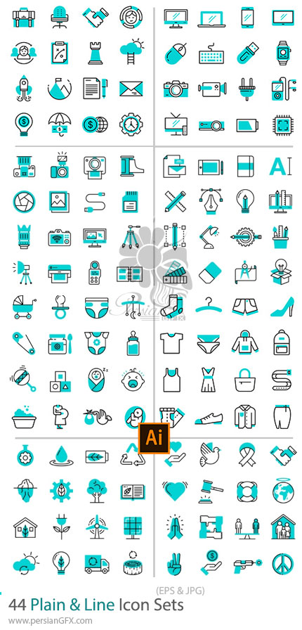 دانلود 44 آیکون وکتور خطی و ساده با موضوعات مختلف - Plain & Line Icon Sets