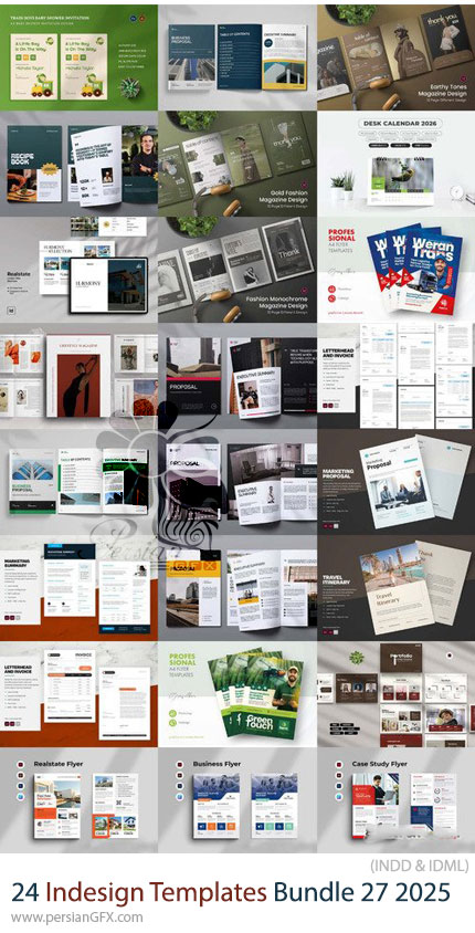 دانلود پک 24 قالب ایندیزاین بروشور، مجله، فاکتور، کاتالوگ و ... برای طراحان گرافیک - Indesign Templates Bundle 27 2025