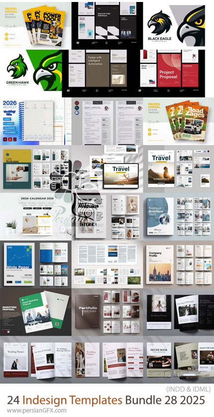 دانلود پک 24 قالب ایندیزاین بروشور، مجله، فاکتور، کاتالوگ و ... برای طراحان گرافیک - Indesign Templates Bundle 28 2025