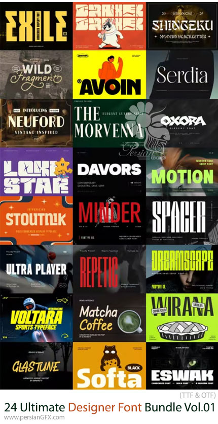 دانلود مجموعه 24 فونت انگلیسی حرفهای و متنوع - Ultimate Designer Font Bundle Vol.01