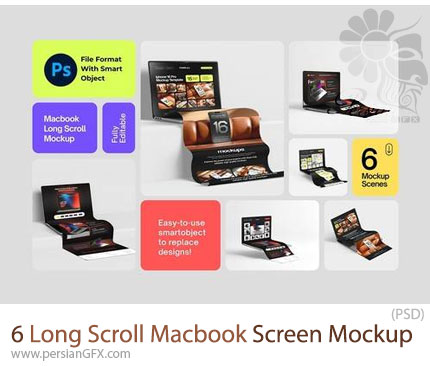 دانلود 6 موکاپ مک بوک با نمایشگر اسکرول طولانی - Long Scroll Macbook Extended Screen Mockup Set