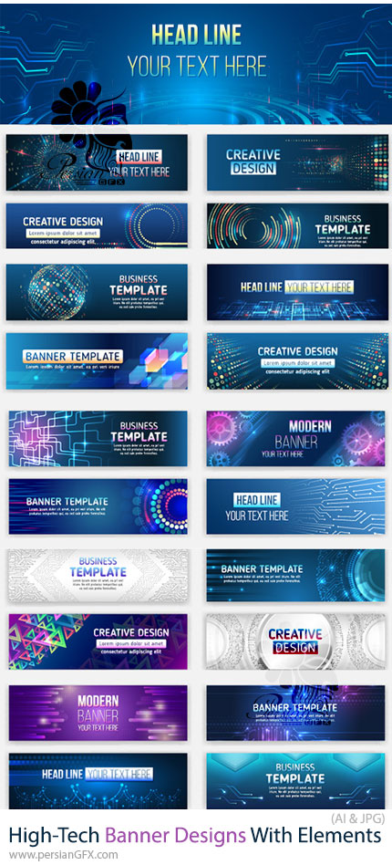 دانلود 31 وکتور بنر طرح بنر هایتک با المانهای مدرن - High-Tech Banner Designs With Elements