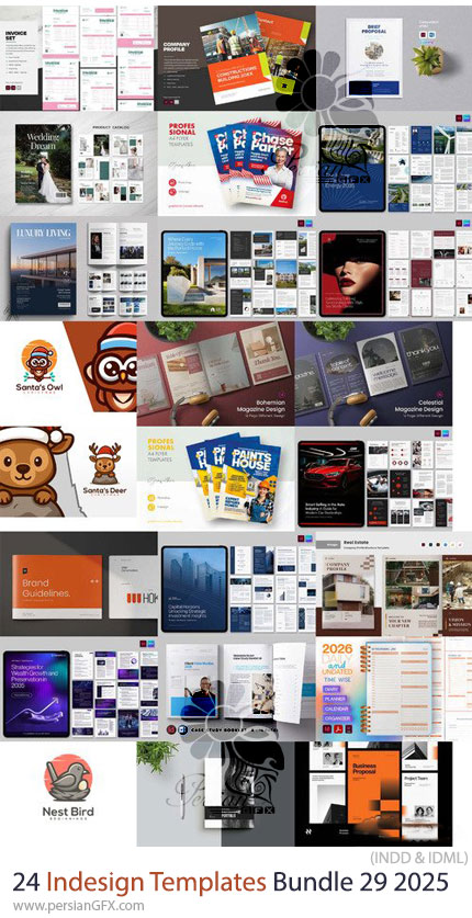 دانلود پک 24 قالب ایندیزاین بروشور، مجله، فاکتور، کاتالوگ و ... برای طراحان گرافیک - Indesign Templates Bundle 29 2025
