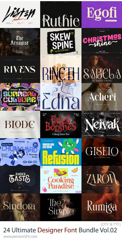 دانلود مجموعه 24 فونت انگلیسی حرفه‌ای و متنوع - Ultimate Designer Font Bundle Vol.02