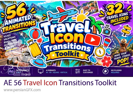 دانلود پروژه افترافکت 56 ترانزیشن متحرک آیکون سفر و گردشگری + آموزش - Travel Icon Transitions Toolkit