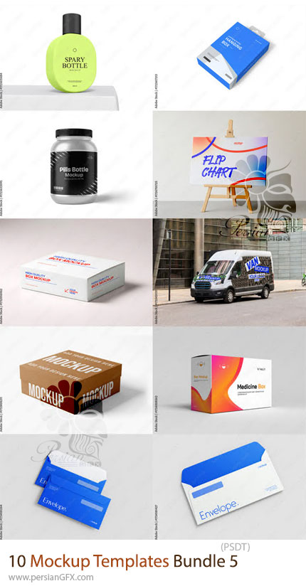 دانلود مجموعه 10 قالب موکاپ حرفهای شامل ماشین، پاکت نامه، بسته بندی، تابلو و ... - Mockup Templates Bundle 5