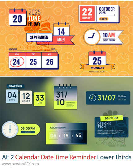 دانلود 2 پروژه افترافکت زیرنویس متحرک تاریخ و ساعت + آموزش - Calendar Date Time Reminder Lower Thirds