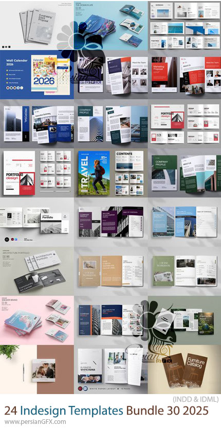 دانلود پک 24 قالب ایندیزاین بروشور، مجله، فاکتور، کاتالوگ و ... برای طراحان گرافیک - Indesign Templates Bundle 30 2025