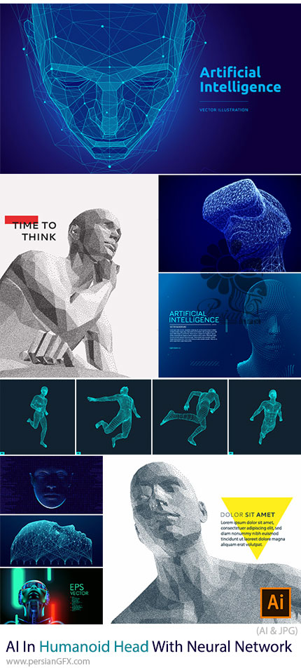 دانلود 26 طرح وکتور مفهومی هوش مصنوعی و مغز دیجیتال انساننما - Artificial Intelligence In Humanoid Head With Neural Network