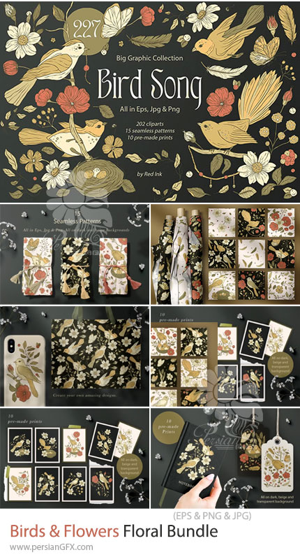 دانلود مجموعه وکتور پرندگان و گلهای تزئینی با سبک وینتیج - Birds & Flowers Floral Bundle